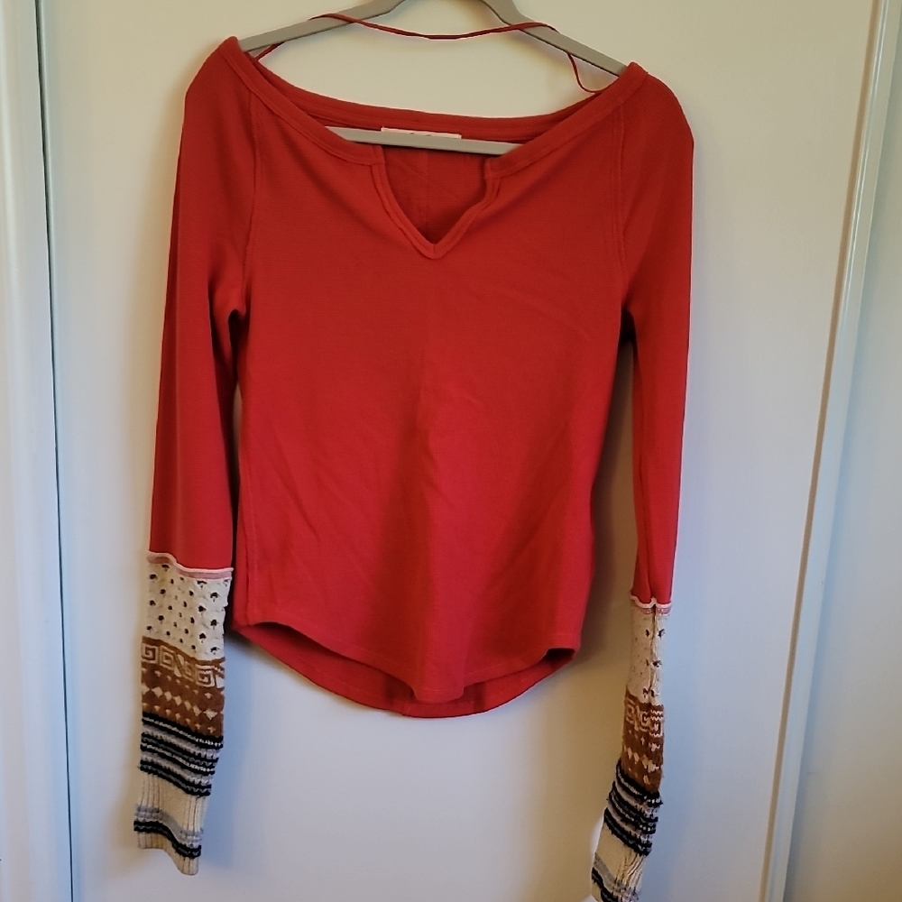 We The Free Red Long Sleeve Top with Patterned Cuffs